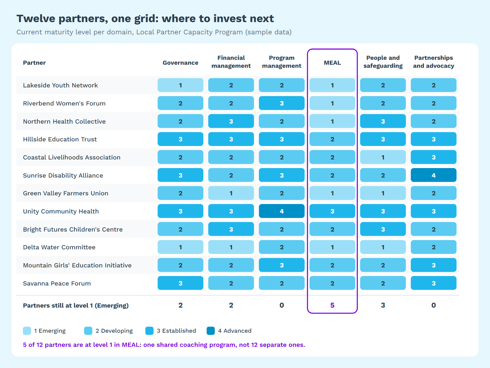 Heatmap of twelve fictional partners across six capacity domains; five of the twelve are at level 1 in MEAL