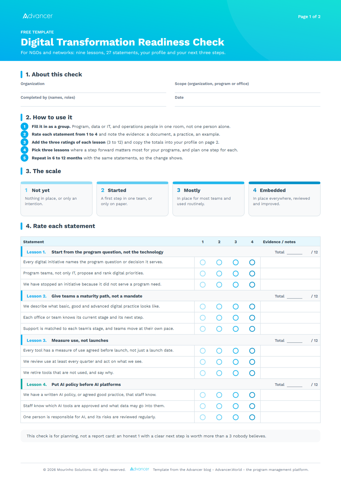 Page 1 of the digital transformation readiness check: details, how to use it, a four-level scale and the statements for the first four lessons